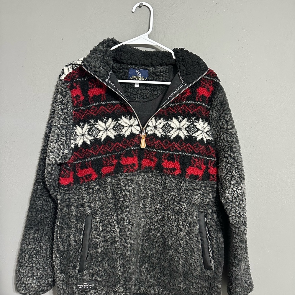 Simply Southern Black and Red Sherpa Zip Up Sweater